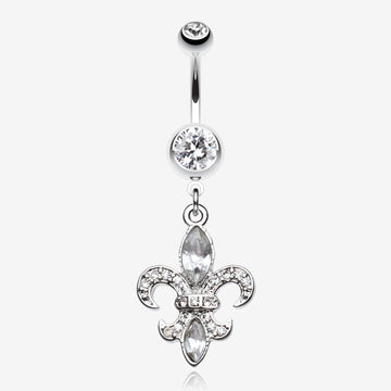 Classic Fleur de Lis Belly Ring-Clear Gem